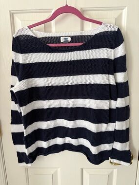 Old Navy Navy and White Striped Scoop Neck Sweater